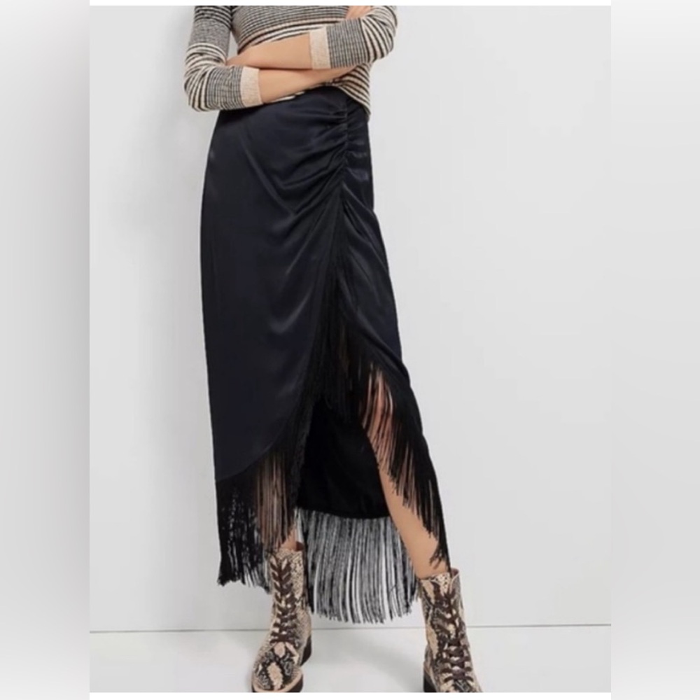 Anthropologie Women’s Long Black Asymmetrical Fringe Satin Split Skirt Size 6 - Picture 1 of 12